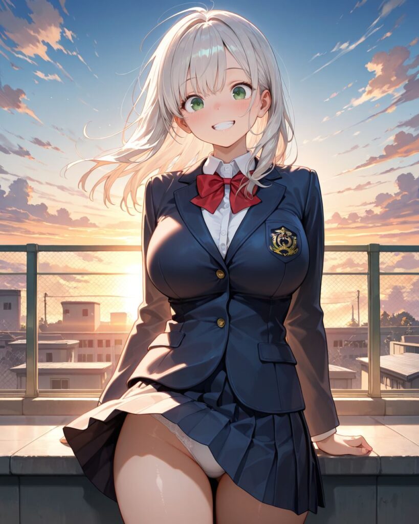 下着が見えていることに気づかず、不思議そうに振り返る美少女[わかば]のAIイラスト