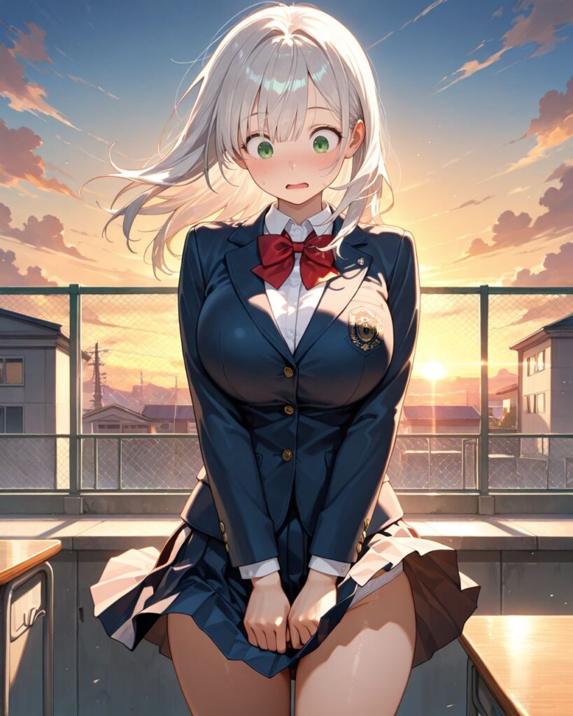 風でめくれたスカートを慌てて両手で抑え、赤面する清楚な美少女[わかば]のAIイラスト