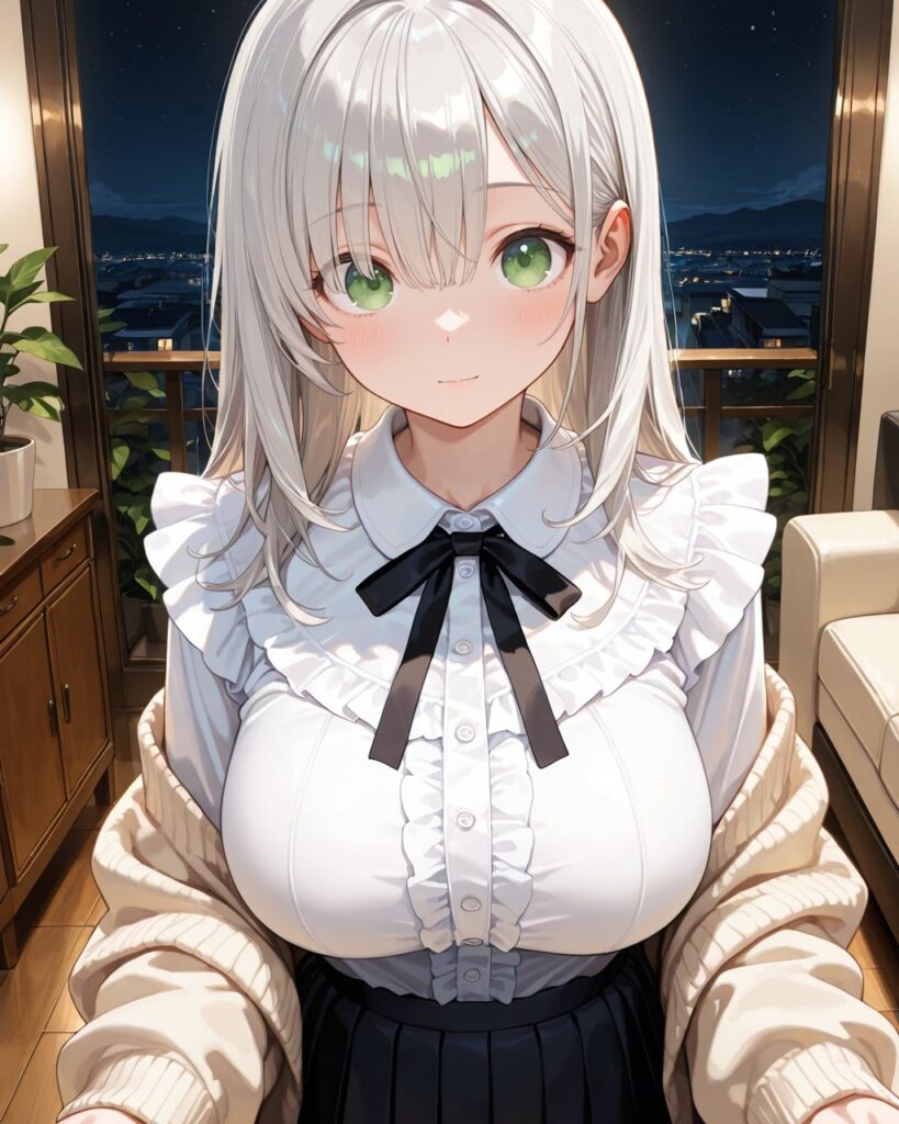 ブラウスとカーディガン姿のわかば