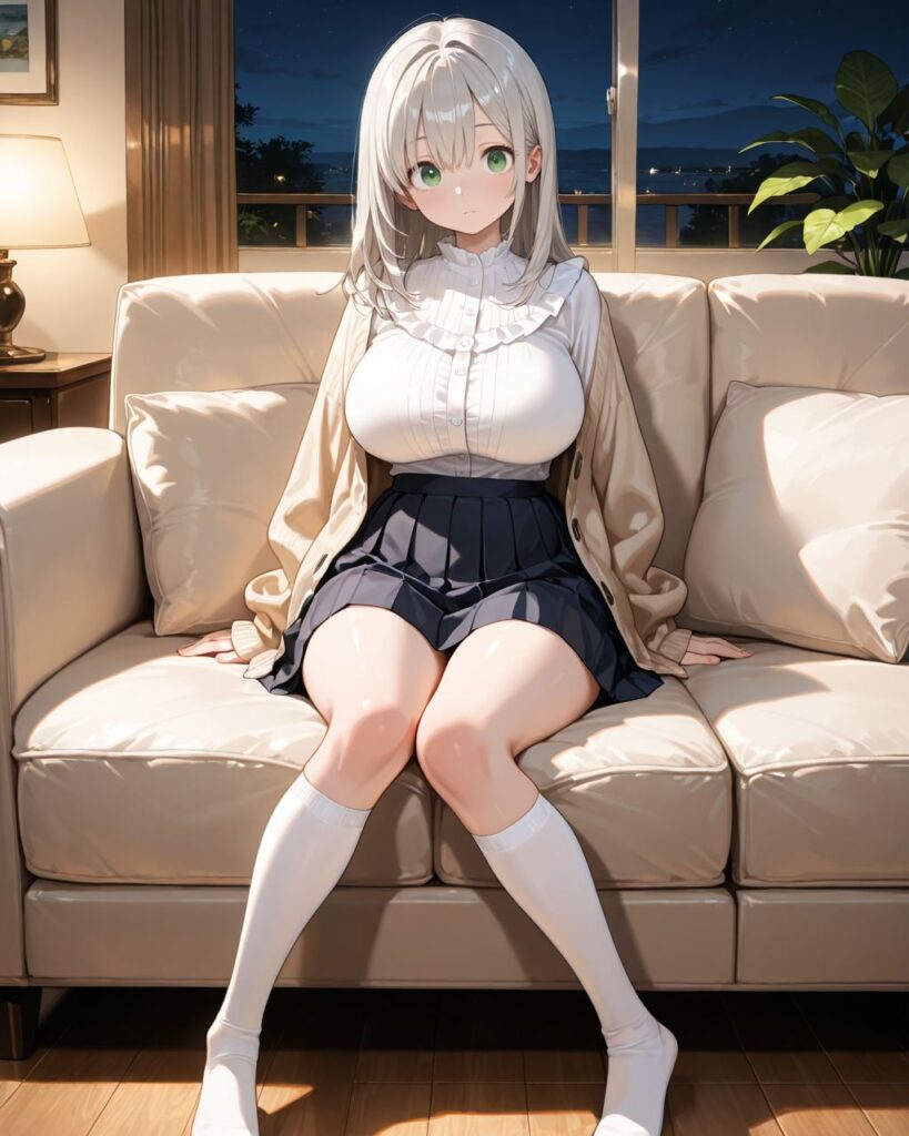 白いブラウスに紺のプリーツスカートを履いてソファに座る「わかば」
