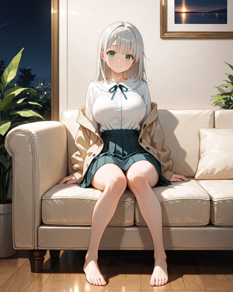 白いブラウスに紺のプリーツスカートを履いてソファに座る「わかば」