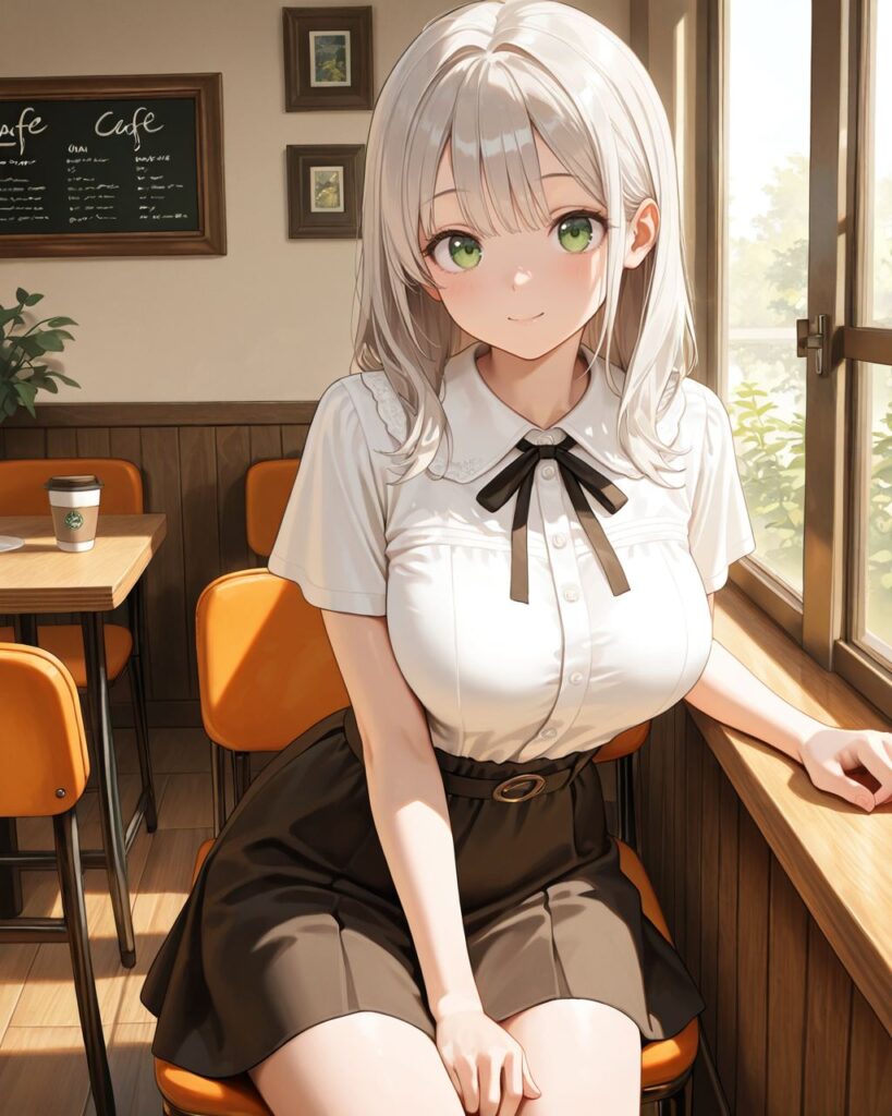 カフェでブラウスを着て椅子に座る「わかば」