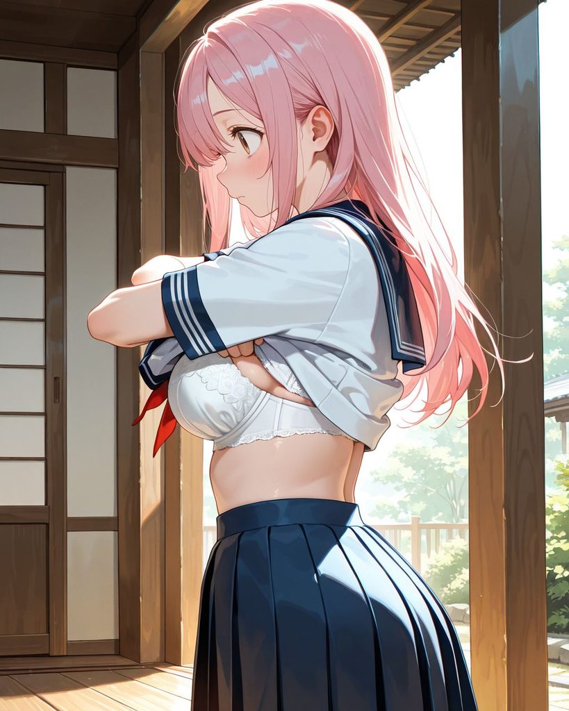 制服のシャツを脱ぐJKの着替えシーン02