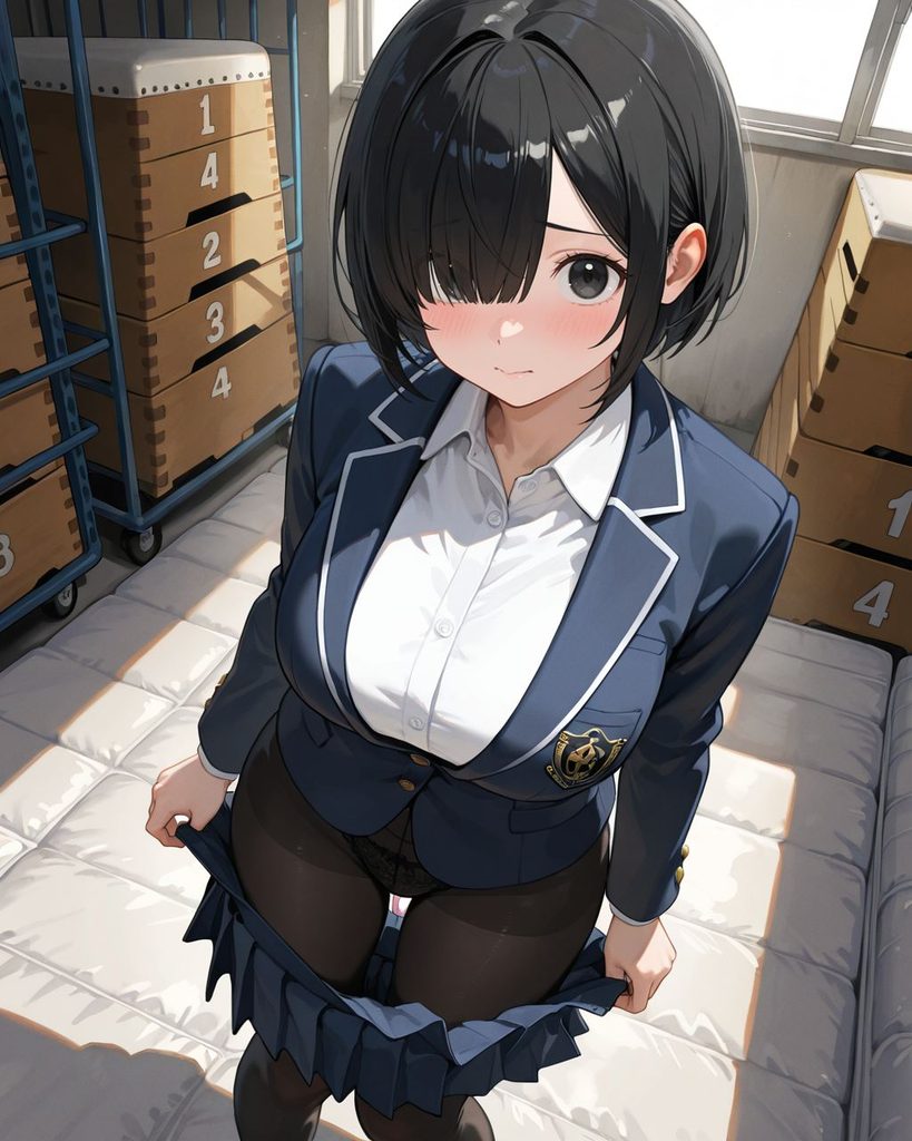 黒ストッキングを履いている制服JKがスカートを脱ぐシーン01