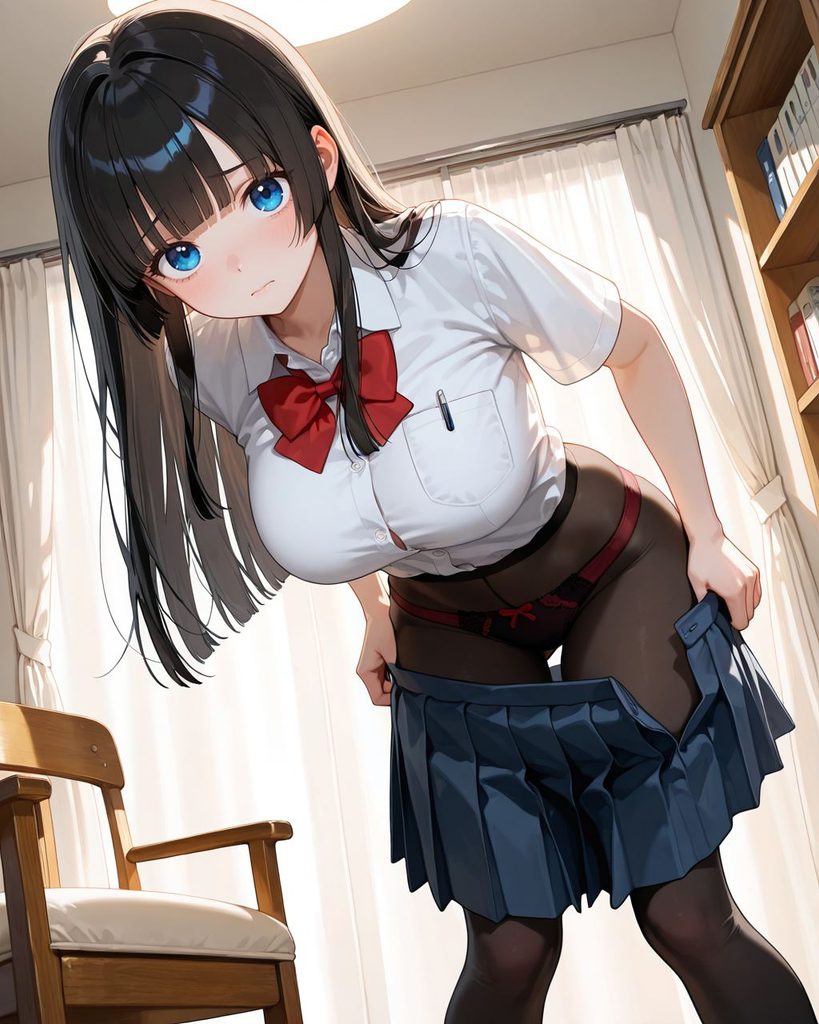 黒ストッキングを履いている制服JKがスカートを脱ぐシーン02