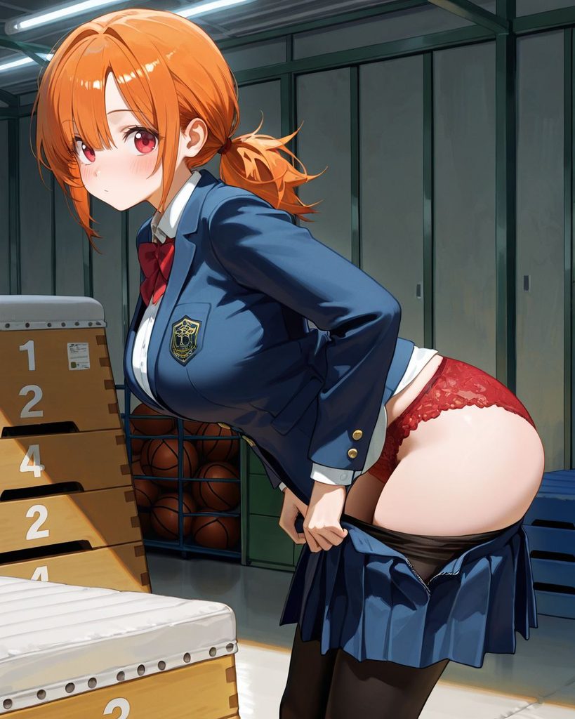 制服姿のJKが黒ストッキングとスカートを一緒に脱ぐシーン03