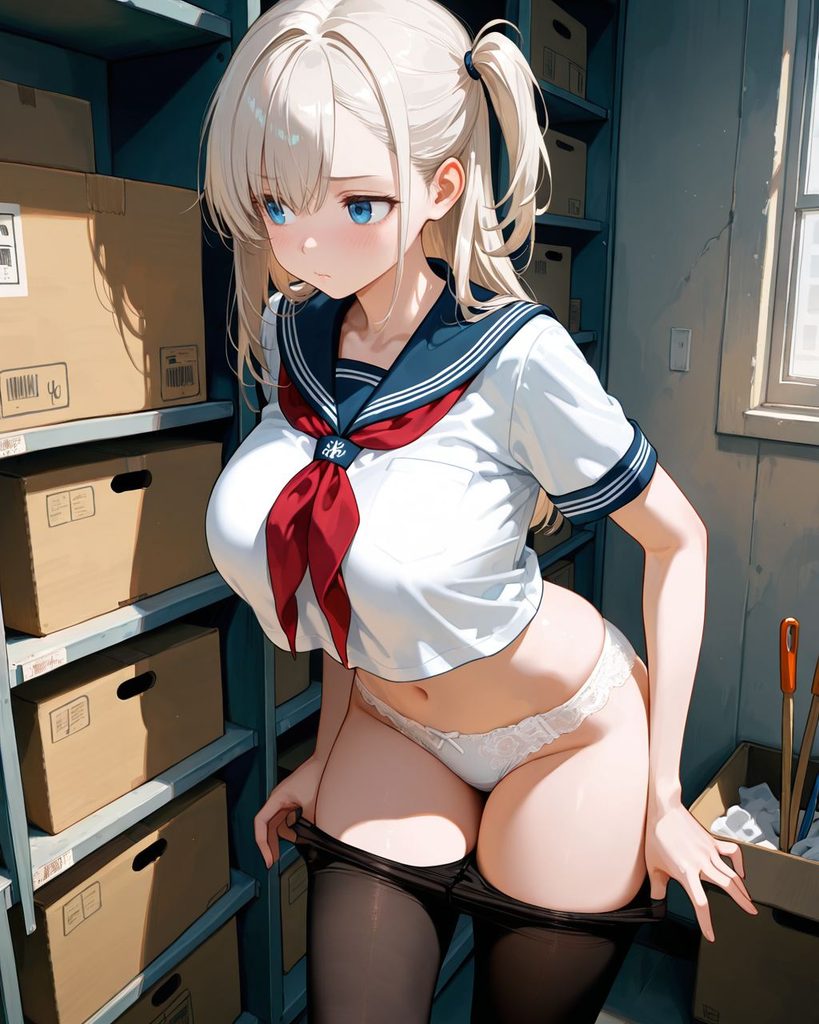 制服姿のJKがスカートを脱いだ後に黒ストッキングを脱ぐシーン01