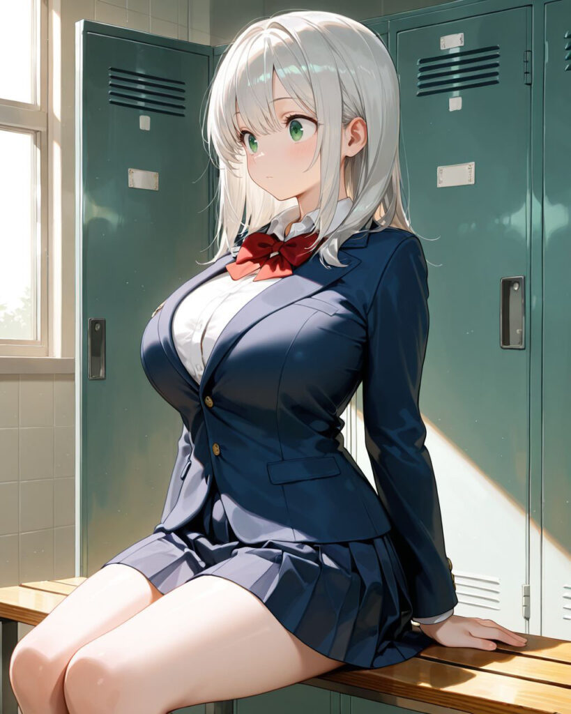 静まり返った放課後のロッカールームで一人佇む清楚な美少女わかばのAIイラスト