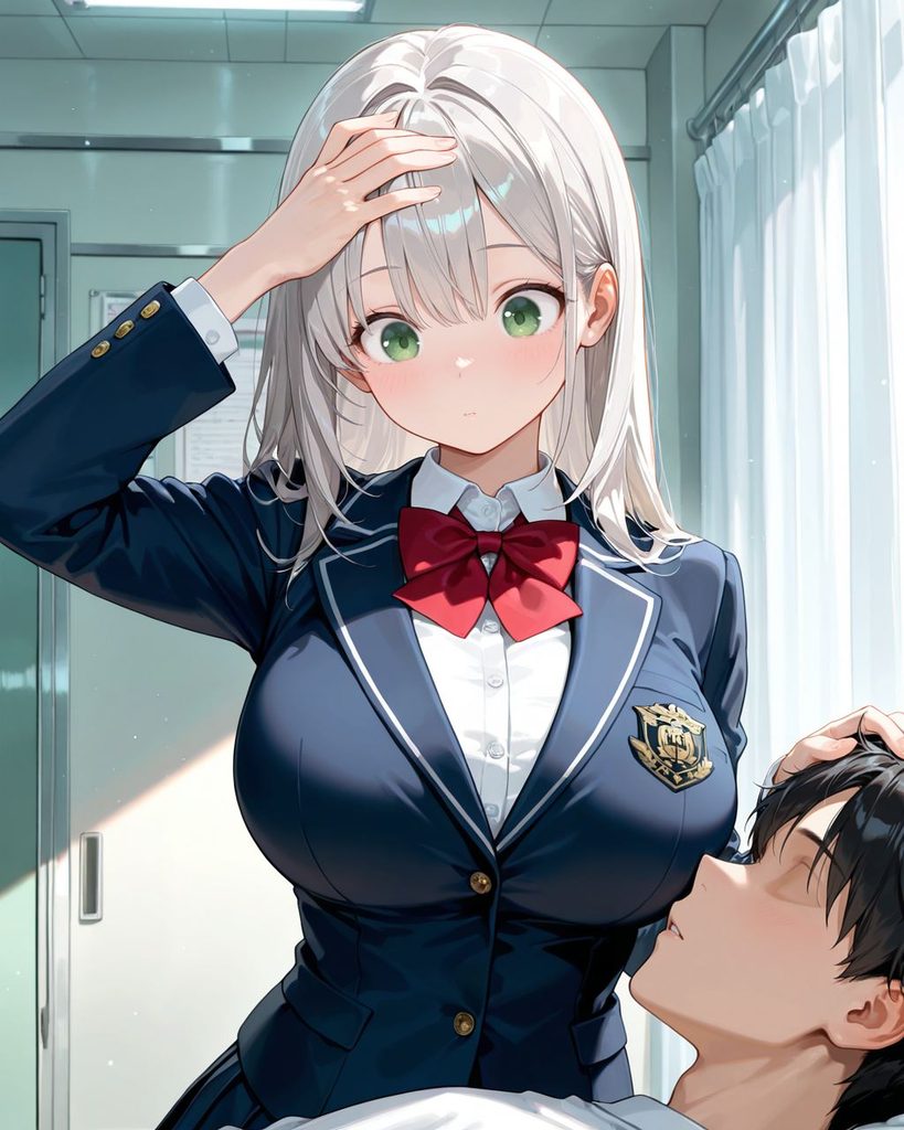 保健室で自分の額と男子の額に手を当てて熱を測る清楚なわかばのAIイラスト