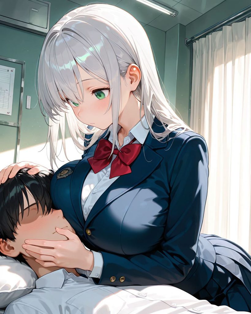 ベッドの横で優しく頬や頭を撫でて看病する美少女わかばのAIイラスト