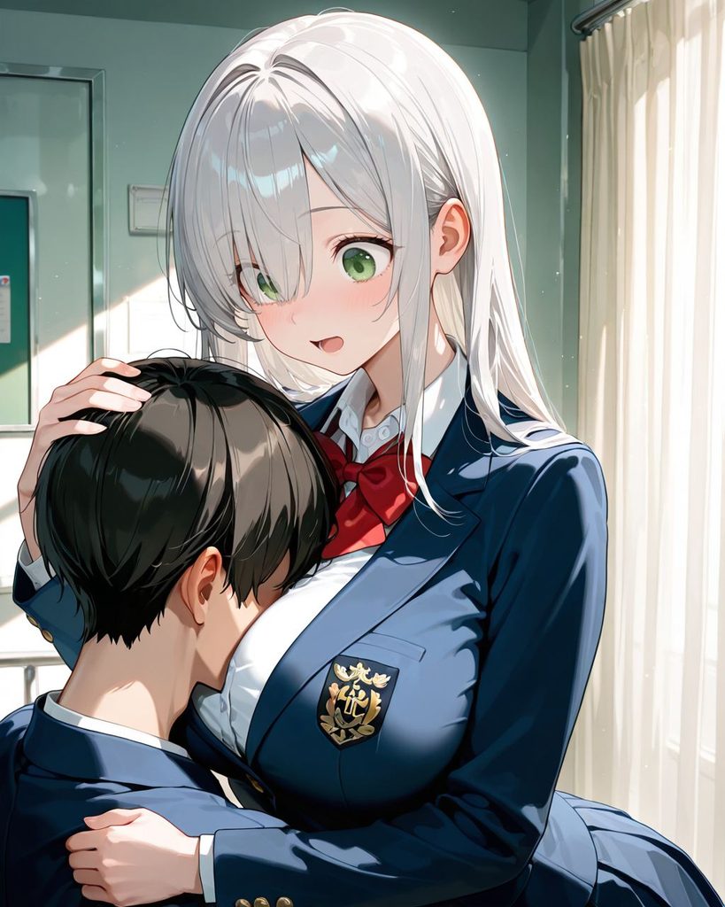 保健室で制服の上から男子の頭を豊かな胸に抱きしめるわかばのAIイラスト