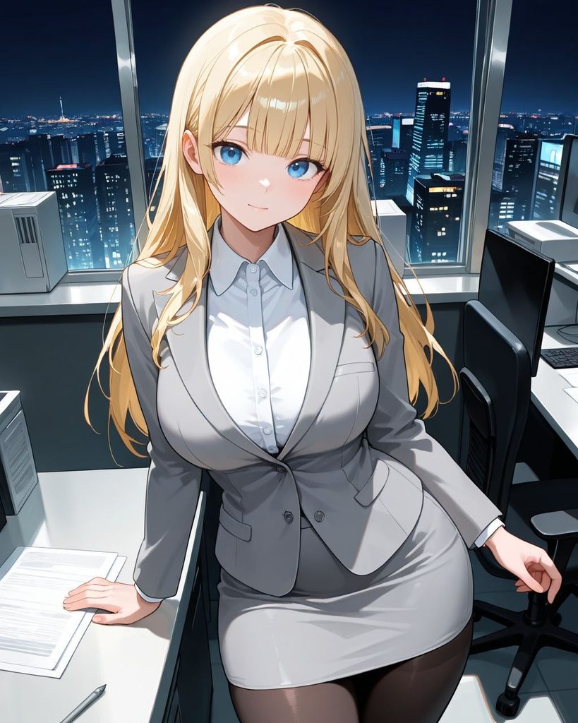 黒ストッキングとグレーのスーツ姿で夜のオフィスに立つこはるのAIイラスト