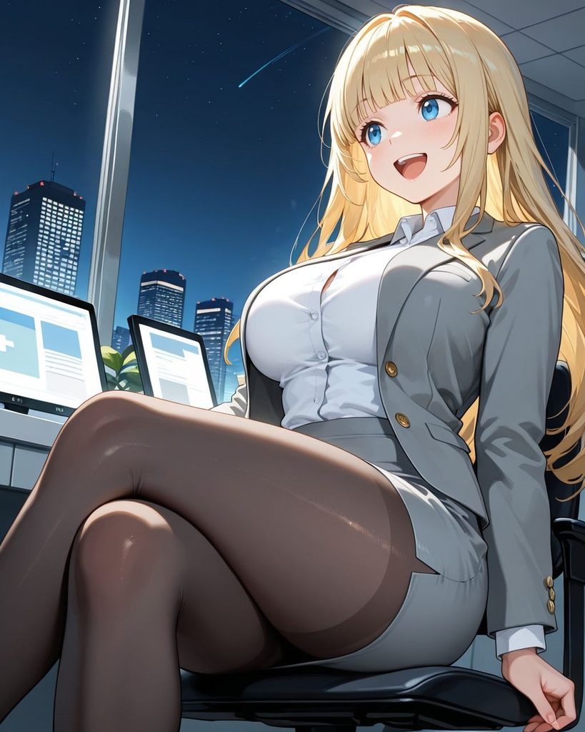 黒ストッキングの太ももを見せて脚を組むスーツ姿のこはるのAIイラスト