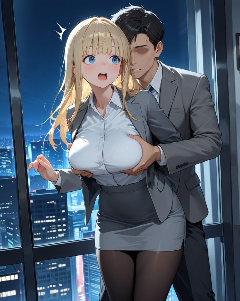 夜のオフィスで先輩に後ろから胸を触れられるスーツ姿のこはるのAIイラスト