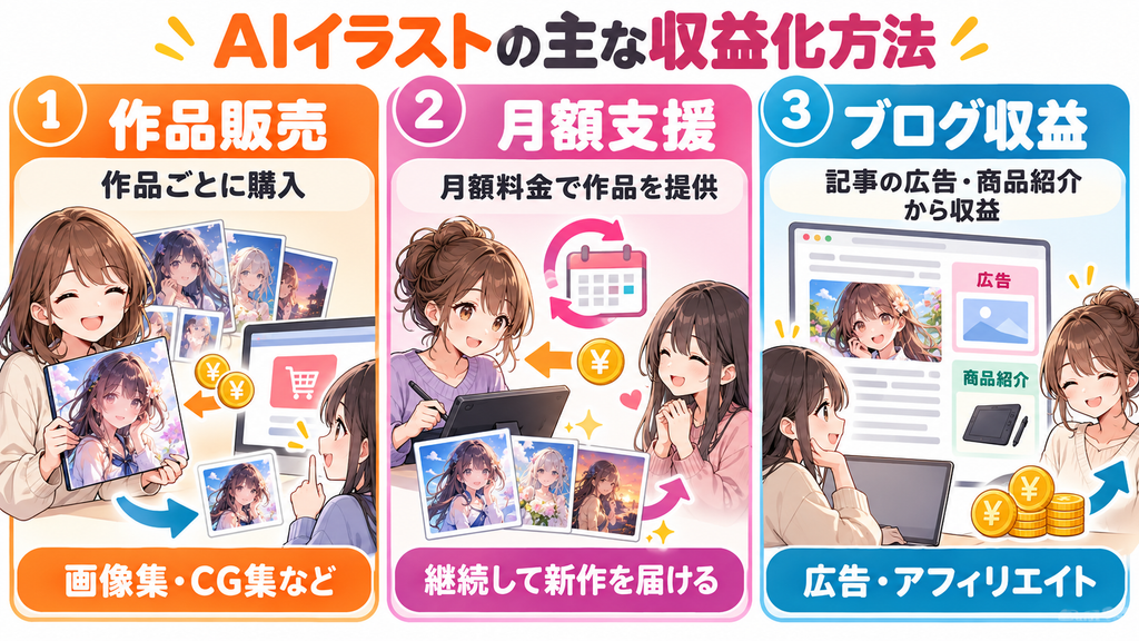 エロいAIイラストを作品販売・月額支援・ブログで収益化する仕組みの違い