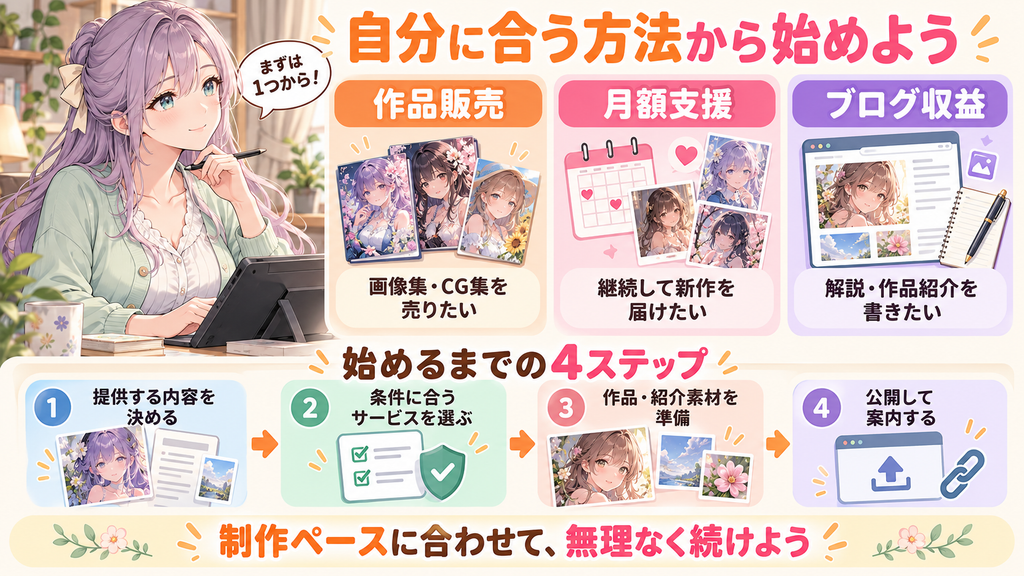 AIイラストの作品販売・月額支援・ブログ収益の選び方と、収益化を始める4ステップ