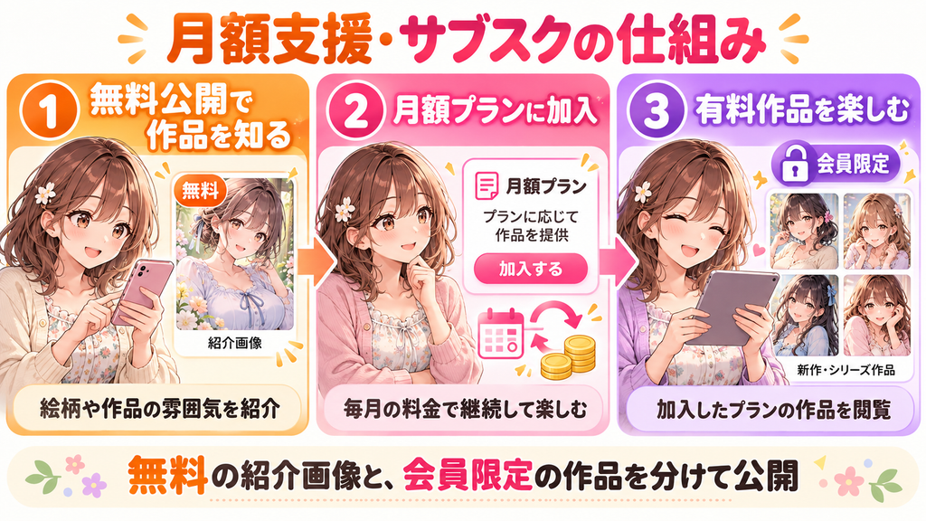 無料公開から月額加入を経てエロいAIイラストの有料作品を楽しむ流れ