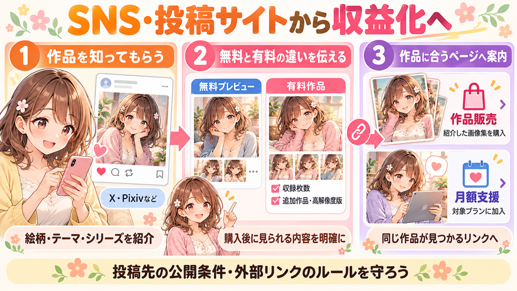 SNS・投稿サイトでAIイラストを紹介し、無料・有料の違いを伝えて作品販売や月額支援につなげる流れ