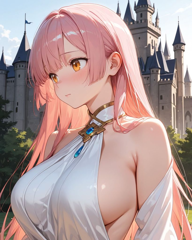 横乳を見せるトップス姿の女性を描いたAIイラスト